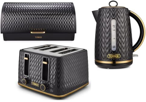 TOWER Empire Black Jug 3KW 1.7L Kettle, 4 Slice 1600W Toaster & Roll Top Bread Bin. Art Deco Design Matching Set of 3 Kitchen Items in Black with Brass Accents