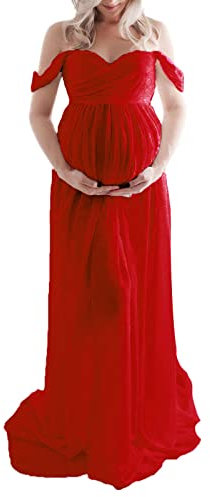 Mutterschaft Kleid für Fotografie solide Farbe Off-Shoulder Chiffon Kleid Front Split Lange Schwangerschaft Kleider für Fotoshooting (Red, X-Large)