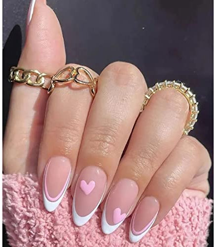 JUSTUSNX 24pcs amande français faux ongles Nude blanc bord faux ongles rose perle coeur paillettes presse sur les ongles pour femmes et filles
