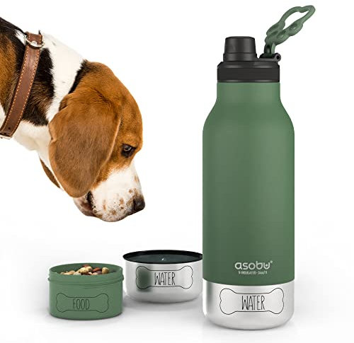 Asobu Dog Buddy Bottle a Stainless Steel Insulated Water Bottle for a Human with 2 Removable Dog Bowls for Water, Food, and Treat Storage 34 Ounce (Basil Green)