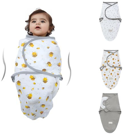 3 Pack Pucksack Baby 0-3 3-6 Monate Baby Decke Pucktuch Babyschlafsack Neugeborene Swaddle Decke aus 100% Bio-Baumwolle (Biene Stern, L)