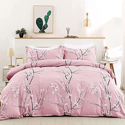 Freyamy Blumen Bettwäsche 220x240cm 3teilig Rosa Pflaumenblüten Zweig Elegante Bettwaren-Sets Gebürstet Microfaser Weiche Mädchen Bettbezug mit Reißverschluss und 2 Kissenbezug 80x80cm