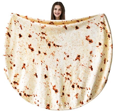 Vessia Burritos Tortilla-Bettdecke (Beige, 203,2 cm), riesige, realistische, lustige Essensdecke für Erwachsene und Jugendliche, doppelseitige, runde Tortilla-Wickeldecke, Flanell-Taco-Decke für Couch