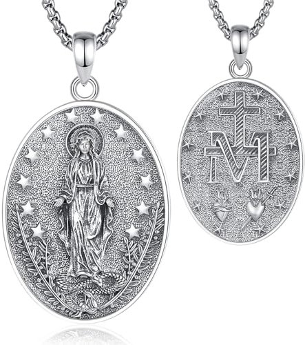 INFUSEU Heilige Maria Kette, 925 Sterling Silber Jungfrau Maria Schutzpatronin Wundertätige Medaille Katholischer Anhänger Christlicher Schmuck Göttliche Schutz Schmuck Amulett Geschenke