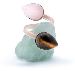 Ring aus Silber und 18 Karat Roségold mit Rosenquarz und Tigerauge in Tropfenform 14x10mm - Hypoallergenes Damenring mit echten Natursteinen - Geschenkidee für Frauen mit Geschenkbox