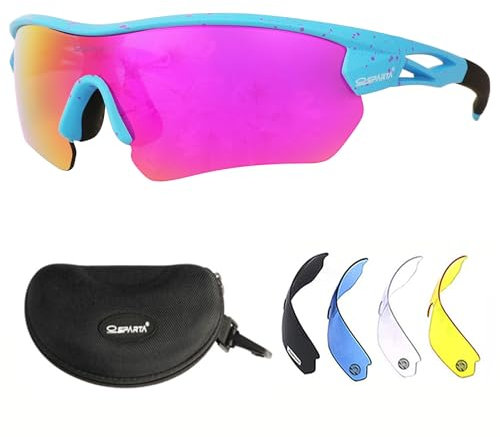 OUTDOORSPARTA Sport Sonnenbrille(8. Blauer Rahmen mit Farbpunkt, Volle Linse Gespiegelt Rosa)