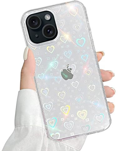 QUESPLE Kompatibel mit iPhone 15 Hülle Transparent Glitzer Herz Muster für Frauen Mädchen Mode Weiche Langlebige Schlanke TPU Handyhülle, Hart PC Rückseite Kratzfest