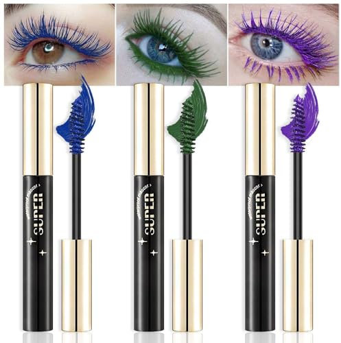 Katiluxiya 3 Color Eye Mascara Set, Dark Green Purple Dark Blue Mascara Suitable For Eyelashes, Charming Long-Lasting Mascara For Eyelash Eye Makeup Nightclub or Masquerade Party (Blu, 3 Pcs)