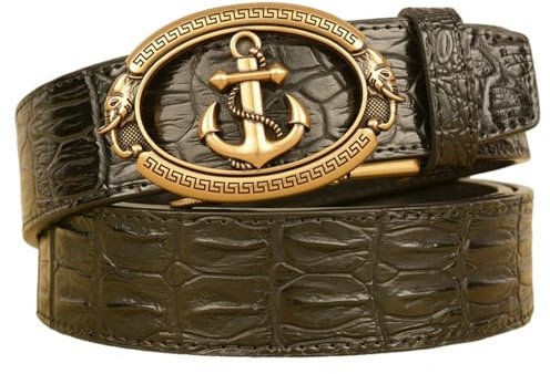 NALANY Gürtel Mit Krokoprägung Ratsche Automatikschließe Mit Zweiköpfiger Elefant Handgefertigter Ledergürtel Für Herren Verstellbar 35mm Breit(120cm/47, Black)