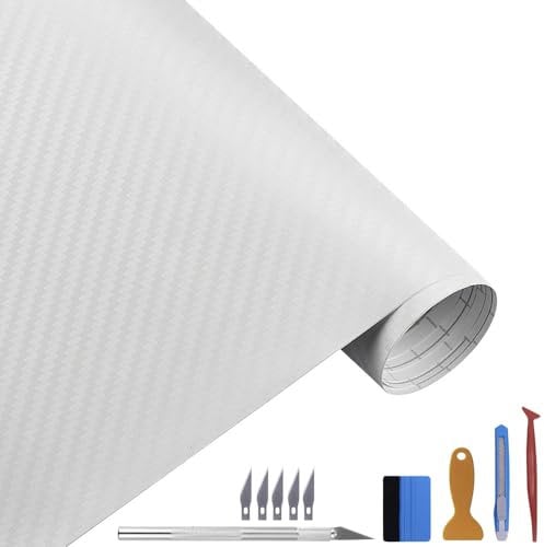 Carbon Autofolie Matt Weiß Mit Einbauwerkzeug, 30 x 300 cm Selbstklebend 3D Car Wrapping Blasenfrei Vinyl Folie, Carbonfolie Lackschutzfolien für Auto Motorrad DIY