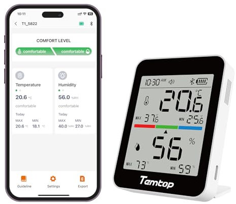 Temtop T1 Bluetooth Thermometer Indoor Hygrometer Für Zuhause & Gewächshaus, Temperatur- Und Feuchtigkeitsmesser Mit App-Verbindung,Lange Batterielaufzeit (180 Tage), Historische Datenexport