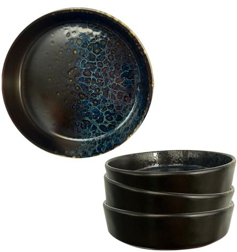 PALUPLUS Set 4 Piatti Fondi in Porcellana Color Nero con Dettagli Blu e Oro, Diametro 18 cm e Altezza 4,5 cm, Adatti per Microonde, Ciotole per Zuppa, Dessert, Insalate -6663F2,8