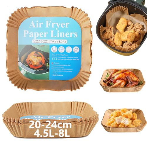 100 Hojas Papel Freidora Aire - Papel Air Fryer Cuadrado, 20-24cm, 4.5-8L, Pura Celulosa de Madera, Silicona en Ambos Lados, Resistente al Aceite & Antiadherente, para Airfryer, Horno & Microondas