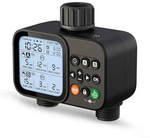 Eawfgtuw Temporizador de agua de manguera, temporizador de riego, controlador inteligente del sistema de riego de jardín, 2 salidas, manual, automático, temporizador de grifo programable