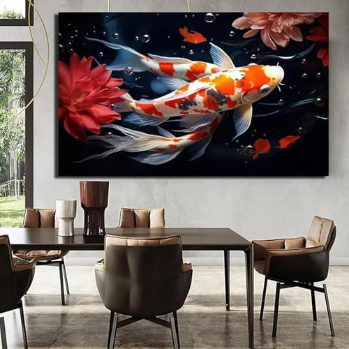 CHAOJIART Peinture sur toile murale de style chinois avec carpe porte-bonheur, affiche abstraite de poisson, décoration de salon moderne, 50 x 70 cm, sans cadre
