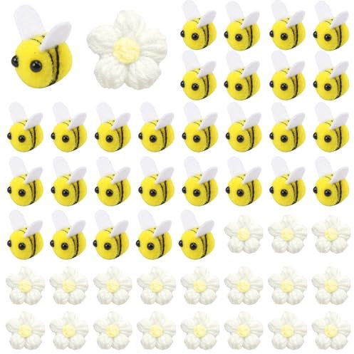 50 Stück Mini Biene Dekoration, Bienen Deko Kleine, 30 Stück Deko Bienen, mit 20 Stück Gelb Häkelblumen, Biene Filzen, Filzbienen Klein Bienen für DIY Handwerk, Hut, Kleidung, Anhänger, Dekoration