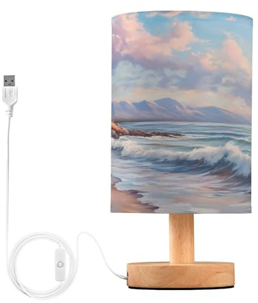 Sevdomey Oil Painting Lighthouse Bedside Table Lamp with USB Port, No Bulb Needed, Warm LED Light for Bedroom, Living Room, Office - Bedside Table Lamp for Reading, Study, Decor