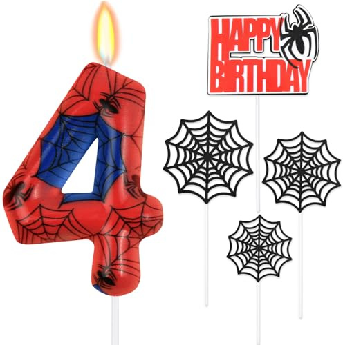 HOTUT Geburtstagskerzen Zahlen 4,Spinne Deko,Kerzen Geburtstag mit Spinnennetz Set,Happy Birthday Kuchen Kerzen Set,Blau Rot Zahlenkerze,Spinne Thema Party Kerzen für Jungen Mädchen 4. Geburtstag