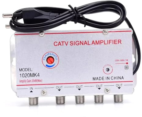 Vkyipg Amplificateur Répartiteur pour Câble TV 20 DB, Amplificateur de Signal D'Antenne TV Numérique pour Équipements TV Domestiques 45 MHz à 860 MHz 1 Entrée 4 Sorties avec Prise EU