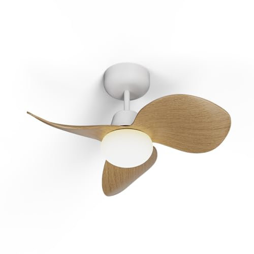 Sulion - Ventilador de Techo Ultraligero y Silencioso – Motor DC, Luz LED CCT, Temporizador, Modo Brisa, Verano/Invierno – Blanco con Palas Color Madera Clara – Compacto y Potente – 6 Velocidades