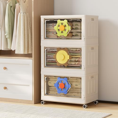 HAIXIN 95L Large Toy Box Stackable Clear Storage Boxes with Lids and Wheels Collapsible Container Organizer for Girls Boys Plastic Units Chest Toy Basket for Bedroom Living Room Moveable (3 Pack)