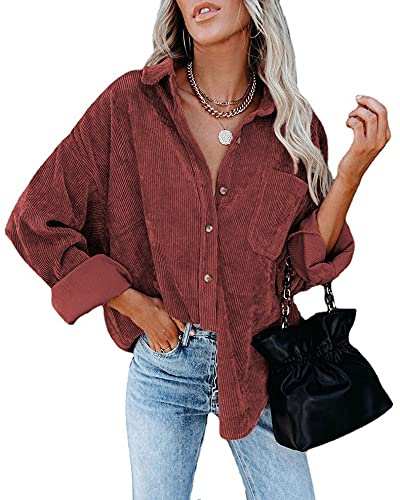 LEKOPUR Cordjacke Damen Bluse Cordhemd Langarm Hemdjacke Lässiges Hemdbluse Oversized Button Down Corduroy Casual Cordbluse mit Tasch