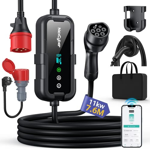 NexCyber Mobile Wallbox 11kW mit App & OLED, 7,6m 3-phasig, 400V 8-16A einstellbar, IP66 Ladegerät Typ 2 mit Schuko-Adapter, Wandmontage & tragbar, für Model 3/Y, ID.3, u.a. BEV/PHEV