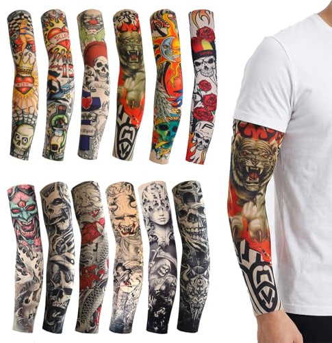 Qwrqwr 12 Pieces Tattoo Sleeves for Men Fake Tatoos Arm Sleeve Elastic Hip Hop Sun Block for Men Women