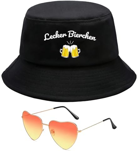 RgitFzi 2 Stück Malle Accessoires Set, Schwarzer Fischerhut Lecker Bierchen und Herz Sonnenbrille, Perfektes Mallorca Party Outfit, Festival Outfit Damen Herren