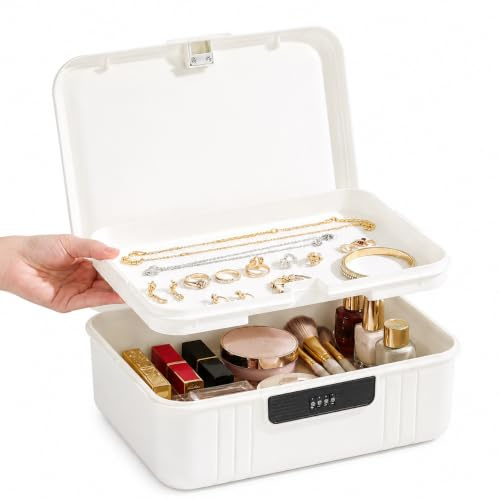 FTISSLY Lockable Storage Box with Combination Code, 2 Layers | Medicine Storage Box, White Lockable Storage Container, Portable Organizer Box, Lock, Home, Fridge, Office, 26.2x22x12.1cm