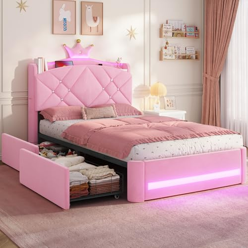 AOGLLATI Letto Singolo 90x200 cm, Letto Bambini, Stile Principessa, Rosa