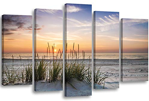 Feeby Bilder XXL 5-Teilig Strand Typ A 100x70 cm Wohnzimmer Schlafzimmer Büro Flur Küche Wandbilder Leinwandbilder Modern Bild auf Leinwand Kunstdruck Design Landschaft Grass Wasser Meer Sand Himmel