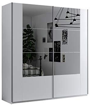 Furniture24 Kleiderschrank Santiago 200 Schlafzimmer 2 Türiger Schwebetürenschrank Schrank mit Schiebetür 2 Kleiderstangen 4 Einlegeboden Weiß mit Spiegel