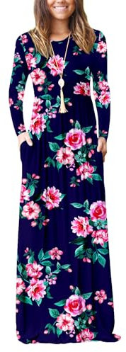 PCEAIIH Women Long Sleeve Loose Plain Maxi Dresses Casual Long Dresses with Pockets (X-Large, Long Sleeve Print Navy)
