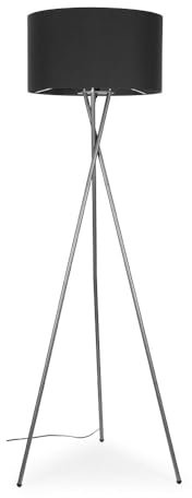 MiniSun | Modern Polished Chrome Metal Tripod Floor Lamp with a Dark Grey Shade | Home Décor, Bedside & Desk Lamp