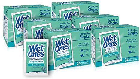 Wet Ones Hand and Face Wipes Singles, Unscented Wipes for Sensitive Skin, Individual Wipes, Hand Wipes Individually Wrapped,24ct (6 pack)