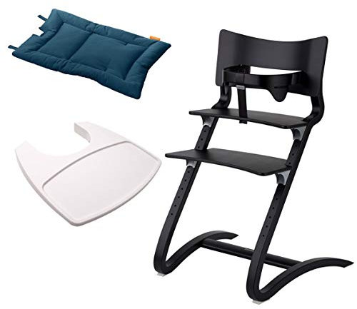 Leander Stuhl schwarz lackiert - Hochstuhl - Kinderstuhl - Erwachsenenstuhl mit Babybügel + Tablett weiß + Kissen dark blue