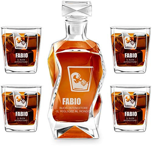 Maverton Set Decanter per Whisky in vetro - da 700 ml - incisione personalizzata - Caraffa con 4/6 bicchieri - idea regalo per il compleanno - per l’ uomo - Onde ghiacciate