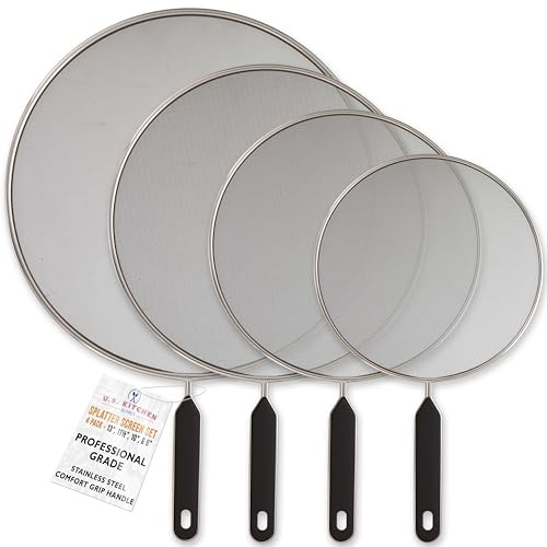U.S. Kitchen Supply 4-Piece Stainless Steel Splatter Guard Set (13, 11.5, 10,8”) Fine Mesh Cover, Grease & Oil, Splatter Screen for Frying Pan, Cooking Pots, with Comfort Grip Handles