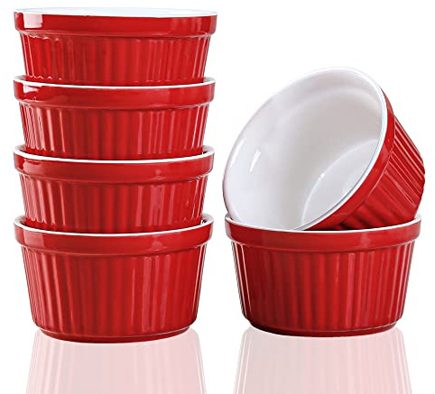 YAZYLIFE Ramekins 6oz Oven Safe,Creme Brulee Ramekin and Souffle Dishes,Porcelain Baking Bowls,Dipping Sauce Dish.Pudding Cups,Set of 6,Red