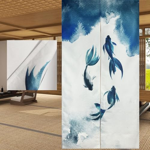 LIGICKY Traditioneller Chinesischer Stil Vorhang, Tuschemalerei Dick Noren Lang Vorhang Doppelseitig Druck TürVorhang Raumteiler Tapisserie für die Heimtextilien 85 x 180 cm, Weiß (Fisch)