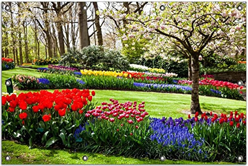 Wallario Outdoor-Poster für Garten oder Balkon Bunte Blumen und Kirsch-Baum im Park blühen im Frühling, Motivbanner Größe: ca. 80 x 120 cm, Outdoor-Bild