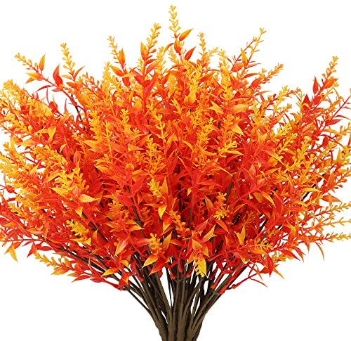 RECUTMS 8 Bundles Autumn Artificial Flowers Plastic Artificial Flowers Outdoor Faux Plants UV Resistant Decorative Artificial Plastic Flowers, Indoor Outside Hanging Planter Home Garden Decor (Golden)