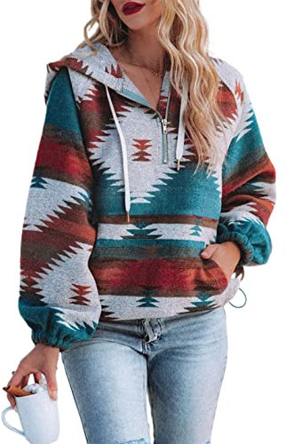Watashi Damen Azteken-Druck Pullover Sweatshirt Weihnachten Halber Reißverschluss Kordelzug Hoodies, Rot/Ausflug, einfarbig (Getaway Solids), L