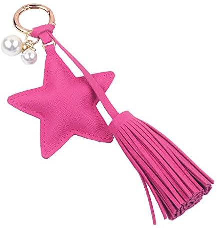 Shining crown Leder Quaste Schlüsselanhänger Perle Leder Pentagramm Tasche Charm, rosarot, Medium