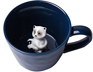 DIHOclub Racoon Ceramic Cup Hidden 3D Animal Inside Mug,Cute Cartoon Handmade Figurine Mugs,Holiday and Birthday Gift for Coffee Milk Tea Lovers,12 OZ(Dark Blue)