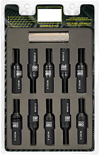 OMP SPEED Set 20 Bulloni Ruota Neri con Chiave Filettata M12X1.5 Metrica 17-19 Lunga 28MM con Protezione in Alluminio Nero 7075 + DIN 12.9