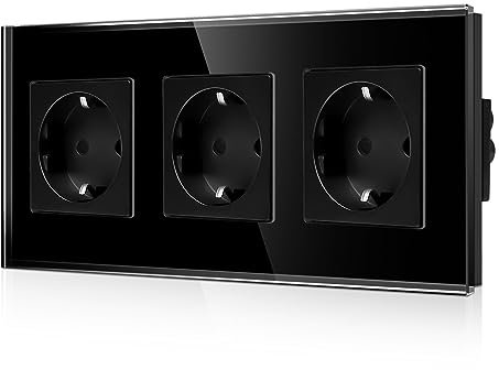 CNBINGO Glas Dreifachsteckdose Unterputz in Schwarz - Dreifach Schuko Steckdose mit Kindersicherung - 16 Amp Schutzkontakt Wandsteckdose mit Glasrahmen