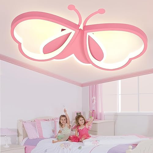 LUOLONG LED Kinder Deckenlampe Schmetterling Deckenlampe Dimmbar Acryl Deckenleuchte Kinderzimmer Kreative Deckenlampe Mädchenzimmer Schlafzimmer Cartoon Deckenleuchte-rosa 92cm