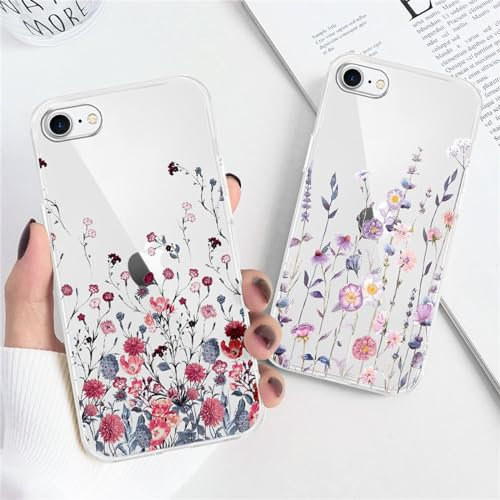 Xylota 2 Stück Handyhülle für iPhone 8/7/SE 2020/SE 2022 4,7 Hülle, Transparent Case mit Aesthetic Muster Blumen, Durchsichtig Weich Silikon Ultra Dünn TPU Stoßfeste Schutzhülle Frauen Mädchen Cover